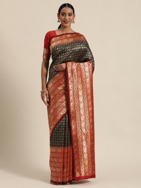 

Sugathari Red & Black Silk Blend Woven Design Kanjeevaram Saree