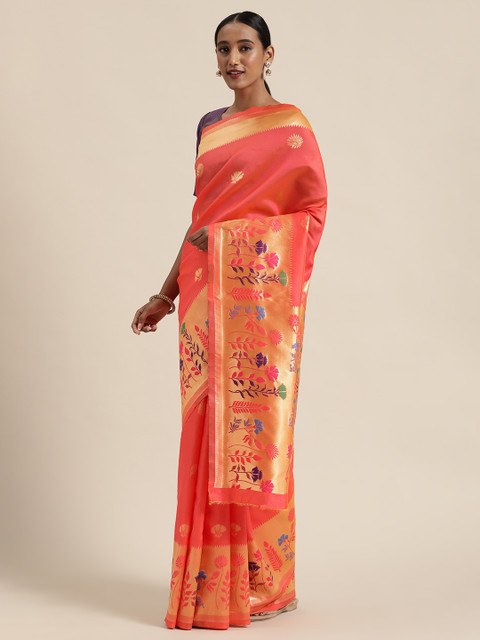 

Sugathari Coral Pink & Gold-Coloured Woven Design Paithani Saree