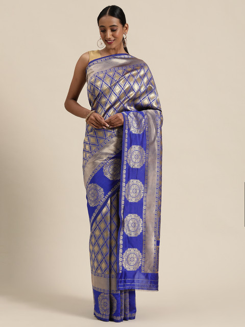 

Sugathari Blue & Gold-Coloured Woven Design Kanjeevaram Celebrity Saree