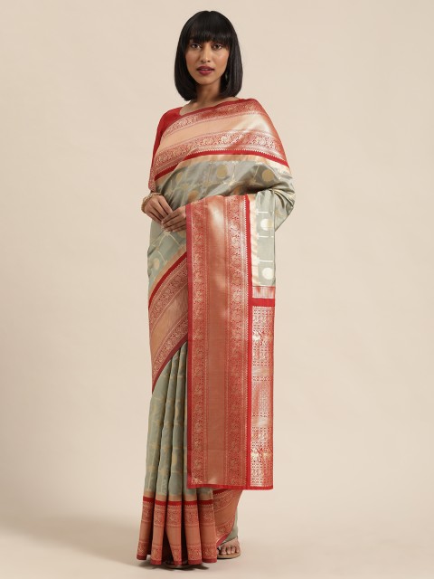 

Sugathari Grey & Red Silk Blend Woven Design Banarasi Saree