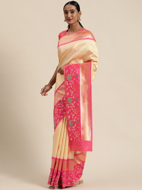 

Sugathari Cream-Coloured & Pink Silk Blend Woven Design Paithani Saree