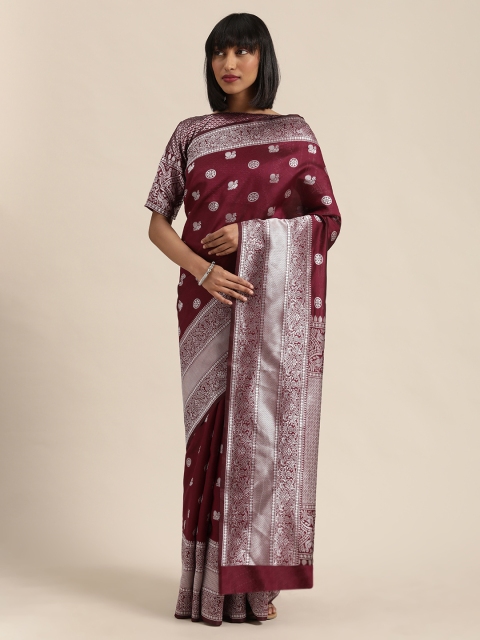 

Sugathari Maroon & Silver-Toned Silk Blend Woven Design Banarasi Saree
