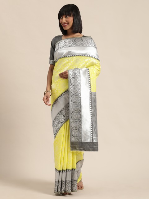 

Sugathari Fluorescent Green & Silver-Toned Silk Blend Woven Design Banarasi Saree