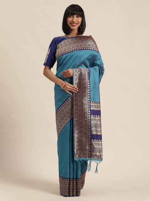 

Sugathari Blue Silk Blend Solid Kanjeevaram Saree
