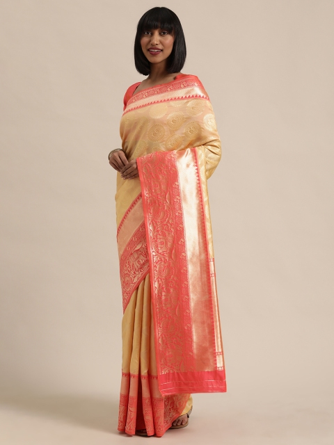 

Sugathari Beige & Gold-Toned Silk Blend Woven Design Kanjeevaram Saree