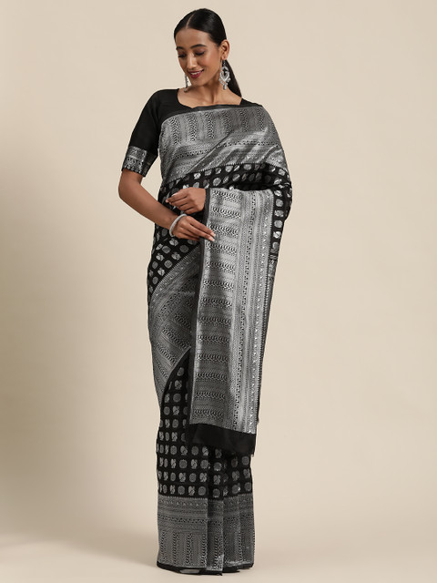 

Sugathari Black & Silver-Toned Woven Design Banarasi Celebrity Saree