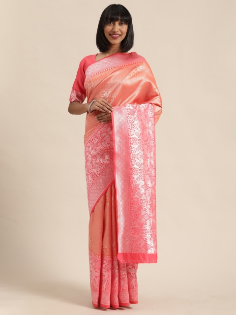 

Sugathari Orange & Silver-Toned Silk Blend Woven Design Banarasi Saree