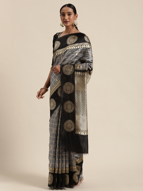 

Sugathari Grey & Gold-Coloured Checked Banarasi Saree