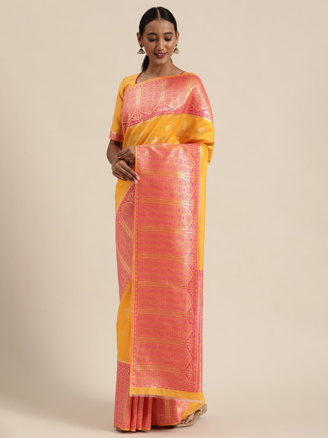 

Sugathari Yellow & Pink Silk Blend Woven Design Kanjeevaram Saree