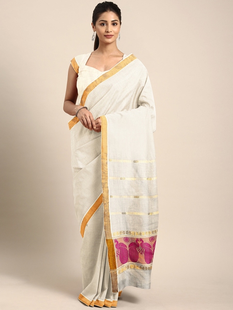 

aamna Off-White Pure Cotton Solid Mangalagiri Saree