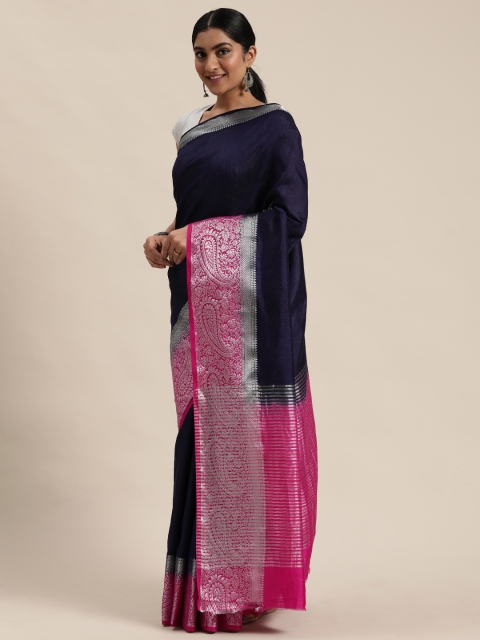 

aamna Navy Blue & Pink Solid Mysore Silk Saree