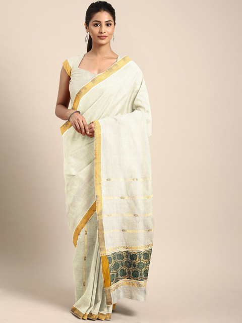 

aamna Off-White Pure Cotton Solid Mangalagiri Saree