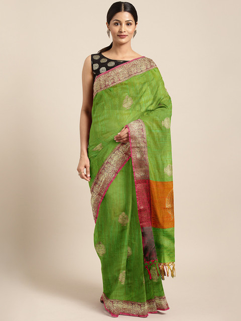

aamna Lime Green Woven Design Banarasi Saree