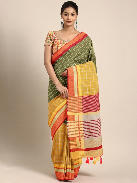 

Triveni Olive Green & Mustard Yellow Pure Cotton Checked Saree