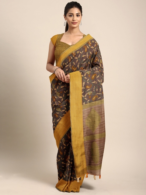 

Triveni Brown & Mustard Yellow Pure Cotton Paisley Print Saree