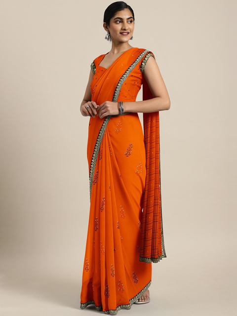 

Triveni Orange & Black Pure Georgette Printed Saree