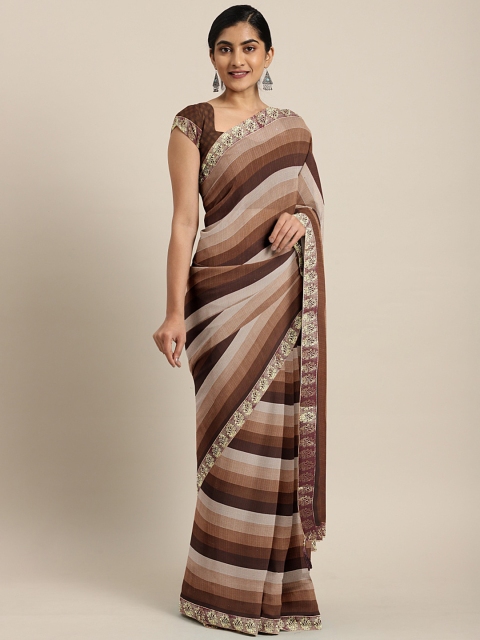 

Triveni Brown & Cream-Coloured Pure Chiffon Striped Saree