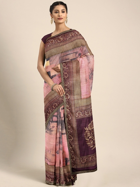 

Triveni Pink & Aubergine Printed Chanderi Saree