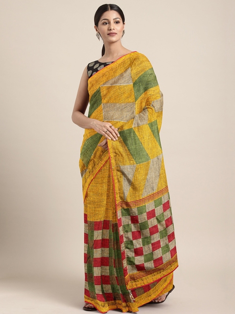 

Triveni Mustard Yellow & Green Jute Cotton Printed Saree