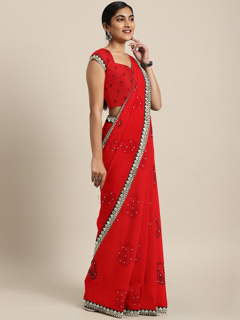 

Triveni Red & Black Pure Georgette Embellished Saree