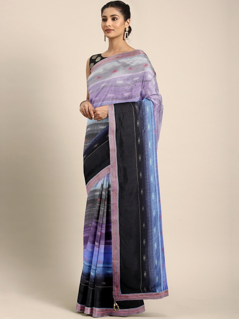 

Triveni Purple & Black Poly Silk Striped Chanderi Saree