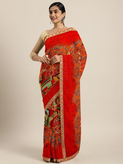 

Triveni Red & Beige Pure Georgette Printed Saree