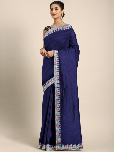 

Triveni Navy Blue Solid Chanderi Saree