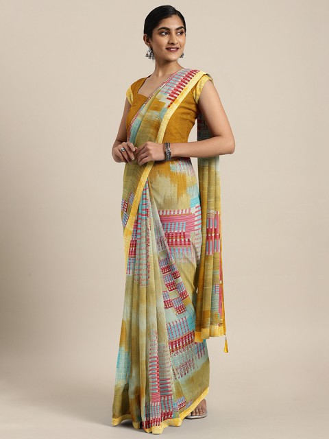 

Triveni Mustard Yellow & Pink Pure Chiffon Printed Saree