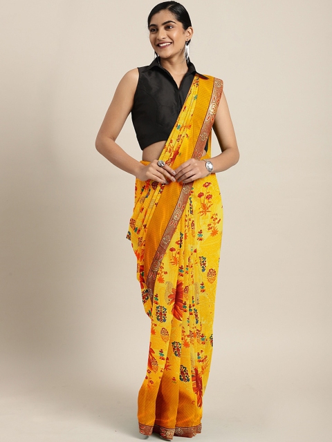 

Triveni Mustard & Orange Pure Georgette Floral Print Saree