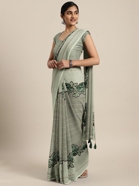 

Triveni Olive Green Floral Printed Pure Chiffon Saree