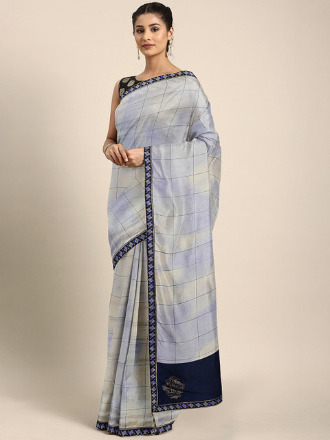 

Triveni Beige & Navy Blue Checked Chanderi Saree