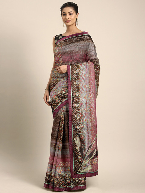 

Triveni Burgundy & Brown Printed Chanderi Saree