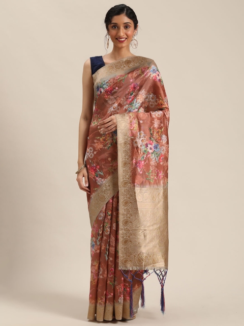 

Triveni Rust Brown & Golden Digital Floral Printed Saree