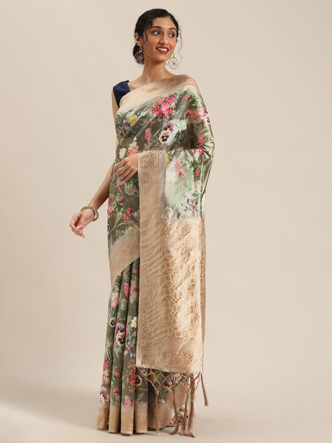 

Triveni Green & Golden Digital Floral Printed Saree