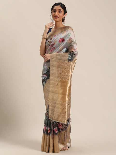 

Triveni Grey & Golden Digital Floral Printed Saree