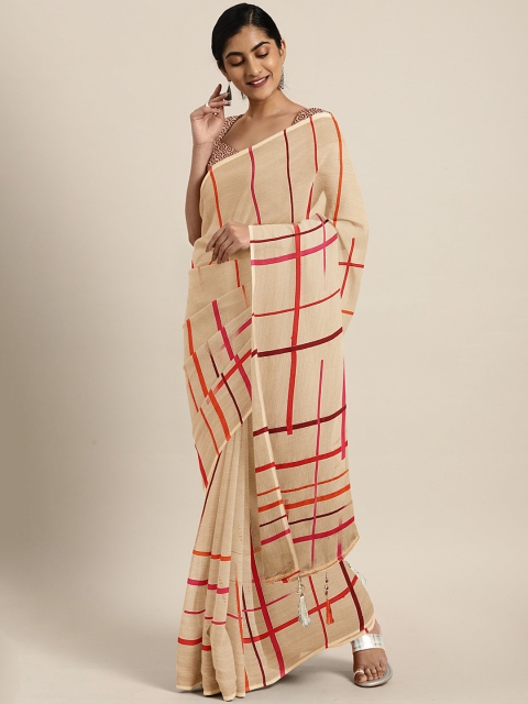 

Triveni Beige & Orange Pure Chiffon Striped Saree