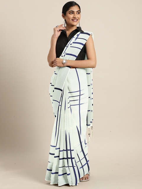 

Triveni Off-White & Blue Pure Chiffon Striped Saree