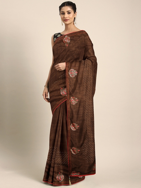 

Triveni Brown Poly Silk Printed Chanderi Saree