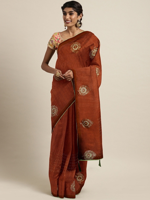 

Triveni Brown & Gold-Toned Printed Chanderi Saree