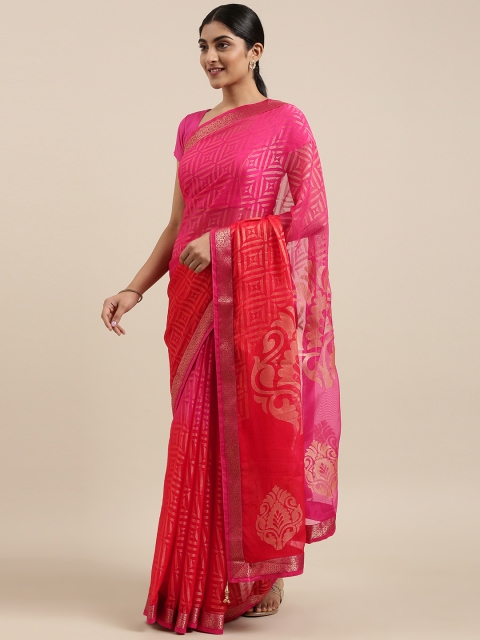 

Triveni Pink & Beige Geometric Print Saree