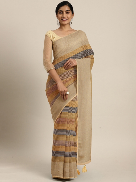 

Triveni Beige & Blue Pure Chiffon Striped Saree