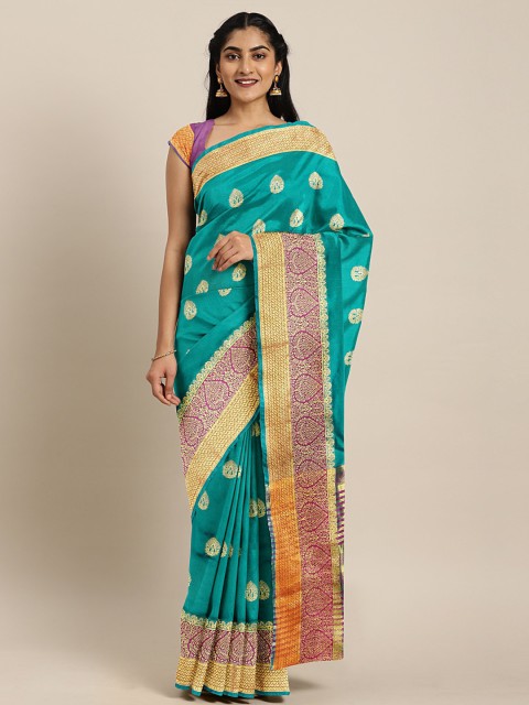 

Triveni Sea Green & Gold-Toned Poly Silk Woven Design Paithani Saree