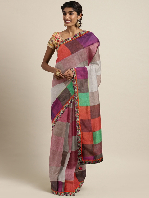 

Triveni Purple & Grey Checked Chanderi Saree