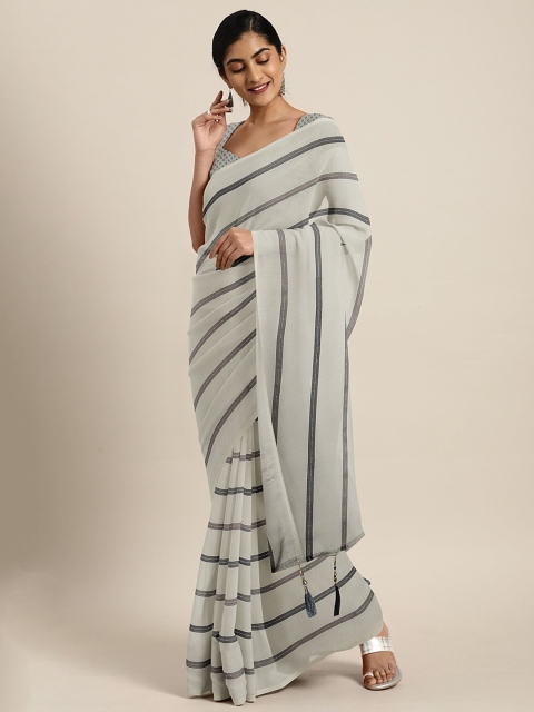 

Triveni Grey & Gold-Toned Pure Chiffon Striped Saree