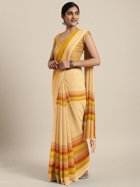 

Triveni Yellow & Orange Pure Chiffon Striped Saree