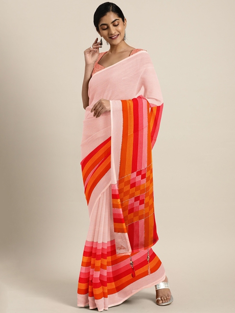 

Triveni Peach-Coloured & Mustard Yellow Pure Chiffon Striped Saree