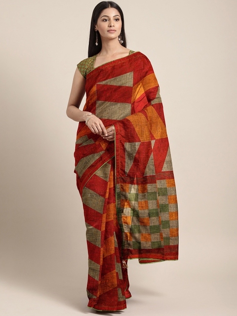 

Triveni Red & Beige Jute Cotton Printed Saree