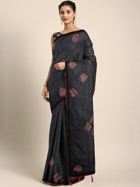

Triveni Black & Red Printed Chanderi Saree