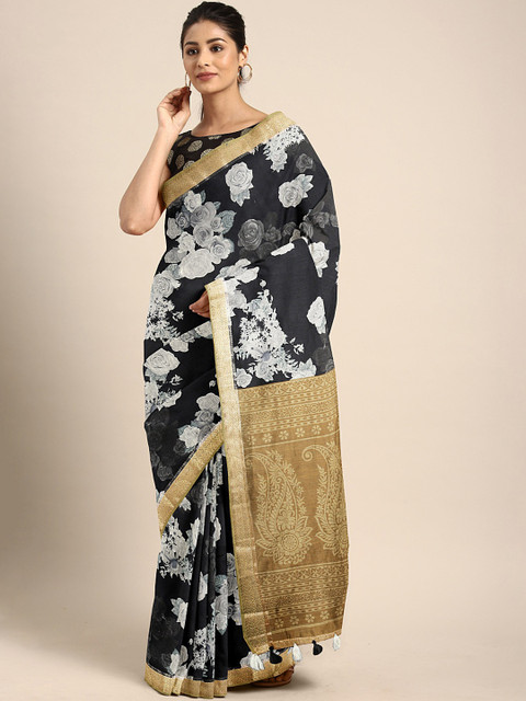 

Triveni Black & White Pure Cotton Floral Print Saree