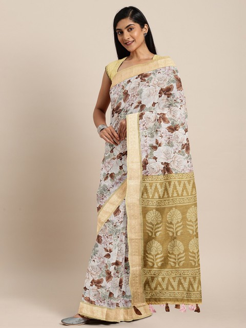 

Triveni Cream-Coloured & Brown Pure Cotton Floral Printed Saree